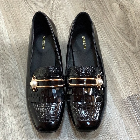 SHEIN Shoes - SHEIN black slip on patent leather pearl accent loafers